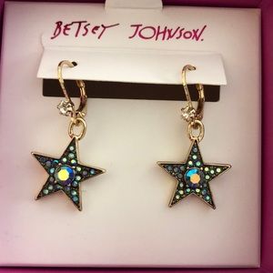 Betsey Johnson Gold Tone Heavenly Creatures Star Drop Earrings Oil Slick Color